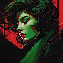 close-up ((head down ((((man)))) in sorrow-eyes closed)) - long floating brown hair ((shattered in many ghostly overprinted faces)) of women and men ((surrounding shadow faces)). Misty red to green Dark mood, Oil neon painting Expressionit art ((80's horror poster)), Patrick Nagel, synthwave, Photo realistic.