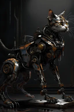 A full length cyber cat mixed with a rusted robot, carrying a weapon,8k ultra detail, baroque painting by AI