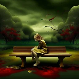 girl sitting on a bench. Surrealism