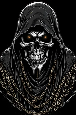 Vector Art, Front View, Grim Reaper , stylized, Up close, half skin, black background, chains around body,