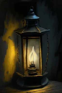 a small old lantern in the corner of paint, rest of the paint is black, oil colors, high detail, 16:9