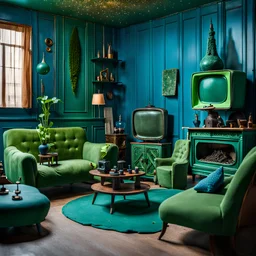 Detailed cozy living-room made of modeling clay, odd furnitures, naïve, strong texture, odd beings, TV studio 1950's shot, extreme detail, Max Ernst, green and blue moody colors, sparkles, Yves Tanguy, odd