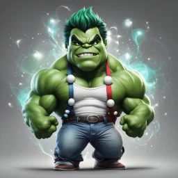 chibi cute caricature of Hulk as a 2010's clown, surrounded by will-o'-the-wisp, elegant, close wiew, dynamic pose, photorealistic rendering --ar 2:3 --stylize 500 --v 6