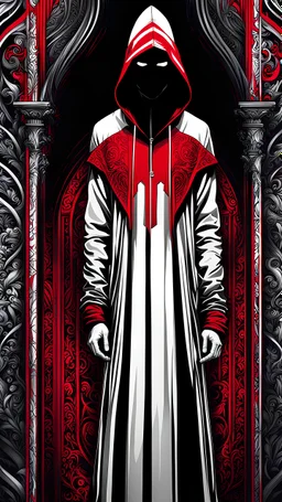Encapuchado hombre gótico colores negro blanco y rojo calidad ultra maximalista arte lineal full body