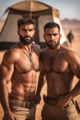 close up photography of two angry ugly brawn 28-year-old burly beefy bullneck arabs tourist guides wearing bulging shorts, shirtless, big shoulders, hairy chest, manly chest, with very bushy eyebrows, photorealistic, sunlight, ambient occlusion, strong side light , near a camping tent in the desert