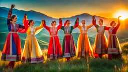 xAI: Create a vibrant image of traditional Azerbaijani Yalli circle dance with 12 dancers in colorful regional costumes forming perfect circle in mountain meadow at golden hour. Dancers holding hands at shoulder level, flowing dresses, synchronized side steps, warm sunset lighting with long shadows, Caucasian mountains backdrop, cultural authenticity, detailed embroidery on costumes, joyful community atmosphere, 8K professional photography --ar 16:9