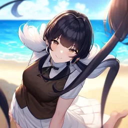 Clear focus, High resolution, black short fluffy hair, long locks, smiling, wearing a brown vest on top of a white skirt, wearing a blue short skirt, at the beach, cinematic lighting