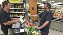 strung out man receiving cash for his groceries to strangers