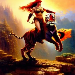 Drawing of beautiful face,'Red Sonja riding a Tiger',intense stare, ancient metal armor, balanciaga fashion clothe painting by gaston bussiere, greg rutkowski, yoji shinkawa, yoshitaka amano, tsutomu nihei, donato giancola, tim hildebrandt Oil on canvas, cinematic composition, extreme detail,fit full head inside picture,16k