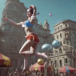 Ultra realistic circus scene. Classic acrobat woman, waist up view, Wes Anderson style, happy, bubbles, highly detailed, concept art, unreal engine 5, god rays, ray tracing, RTX, lumen lighting, ultra detail, volumetric lighting, 3d, finely drawn, high definition, high resolution.