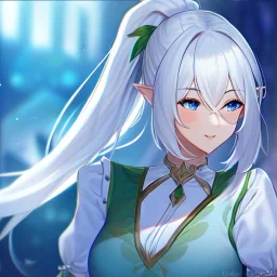 Clear focus, 8k, beautiful lighting, vibrant colors, Elf, White hair, ponytail, hair in between the eyes, up close,