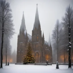 Nidaros domkirke i snøstorm med juletre utenfor by Monet