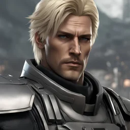 very detailed realistic looking Scifi male detective, bleach blonde short hair, grizzled, weathered skin, rough, stubble, germanic, serious, bulletproof vest, futuristic, masterpiece, 12k definition, sharp focus, liquid metallic colors, confident, gritty futuristic, dark, ominous, apocalyptic, warhammer 40, 000, dark lighting, grim