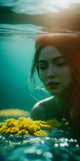 Fenasi Kerim underwater with yellow flowers for hair, closed eyes, rtx, reflection, 8k, glow, winning photography, caustics