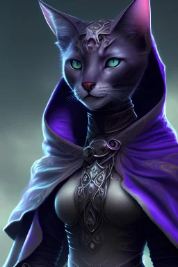 Detailed photo female tabaxi black jaguar sorceress, wearing hood with ears poking through, black fur on face, full body shot with space over head, add white tufts of fur coming out of ears, pretty, green eyes, hyperdetailed painting, black clothes trimmed in purple and silver, 4k resolution concept art, Artgerm, WLOP, Alphonse Mucha, 3d render, octane render, intricately detailed, cinematic, Isometric, Centered hipereallistic cover photo awesome, dark, gritty, realistic mucha, klimt, cinematic