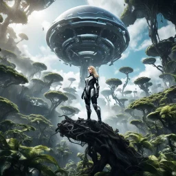 Wide-angle photo of a slim sci-fi woman with blond hair, wearing a silver and black futuristic android-like spacesuit, standing on an alien cloud tree jungle planet