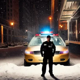 large muscular police officer standing beside a police car at night, downtown snowy new york at night, dramatic, dramatic lighting, volumetric lighting, hyperrealism, 8k, high quality, photorealistic, lot of details