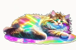 cute chibi maine coon cat lying in holographic rainbow sunshine