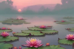 foggy lake at sun rise water lilies sitting frogs on them background anime style high detale add more yellows\
