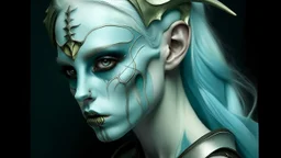 urban fantasy, woman, elf, skull mask, light-blue skin color