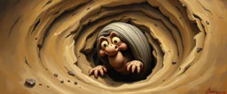 master oil painting by Rembrandt, good afternoon clay golem peeking out of a sand twister whirlwind cocoon, emo cartoon
