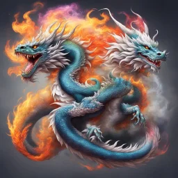 a colorful asian dragon with curly white fur, smokey breath, fire, claws, spikes along back, long tail, attacking