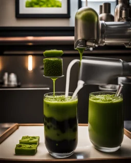 filling the frame we are looking into a tank filled with matcha green bubble tea, dark tapioca pearls along the bottom against the glass, ice floating at top, no fish, no outside of tank