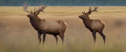 regal pose of Elk in a prairie field, wild grasses and bushes in corners of foreground