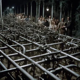 [colour high res photo: Night of the Living Dead (1968) by Romero] In a climactic moment, intricate pipes appear, twisting and turning in a maze of complexity. Characters watch in awe as the pipes emit a harmonious hum, resonating with inexplicable power. Each pipe is adorned with ornate engravings and pulsating lights, forming a mesmerizing sight.
