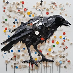 crow made of recycled materials collage art, bottle caps, plastic bottle, aluminum cans, cereal box tops, splash art, concept art, by Derek Gores, artistic, bar code.