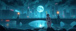 sleep matters in swimsuit on stone bridge in a bad ass cyber punk anime world