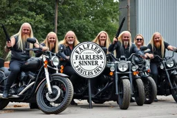 a very hard and tuff motorcycle young gang with long blond viking hair, not old, posing with their Harley Davidsson bikes, some of them holding guns and shotguns, a logo sign with Falköpings HD Club, "Fearless sinners" Skulls and bones, skeletons