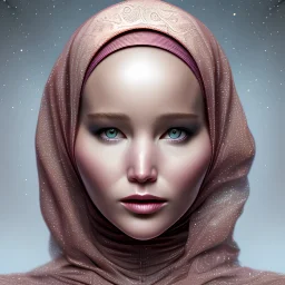 close up portrait of Jeniffer Lawrence as woman in hijab, fine detail, highly intricate, modern surrealism painting, defined cracks and breaks, high-quality, volumetric lighting, 8k, ultrahd, George Grie, Marco Escobedo, Igor Morski,Brian Froud, Howard Lyon, Selina French,