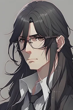 An anime man with long black hair, middle part bangs flowing out, ties into a long ponytail. He has big round glasses.