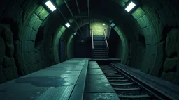 GAME CONCEPT ART .two poin perspective.Station platform and stairs from side .photograph inside of hole .big ambient..Inside the old subway tracks, . Low light and closed green moss walls. Like the original design of the game space ,digital art.landscape,far camera old painting,2 Chen and George Hopper, Rembrandt lighting, a dark green color scheme, . --ar 13:16 --v 6. 0 metro game