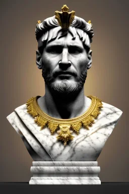 Realistic image, Roman sculpture made in white marble with gold veins, Lionel messi with gold laurel leaves crown, decorative star on the chest, waist up portrait, marble material, gold ornaments, Baroque style, sun rays background, epic, celestial, cinematic lighting, God lights, 4k resolution, smooth details, soft lighting, unreal engine 5, art station, substance 3d.