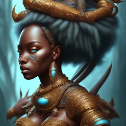 sango fantasy, fantasy magic, intricate, sharp focus, illustration, highly detailed, digital painting, concept art, matte, masterpiece head sexy view black African beauty black afro hair space lady turquoise tiger skin African Indian princess