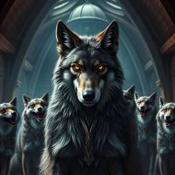 dark ascetic fantasy an anthropomorphic wolf facing at the camera and around him cheerful anthropomorphic wolves they laugh at him , in the background mbig tall domed roof wooden walls hall, high realistic, high detailed, dark fantasy, cinematic
