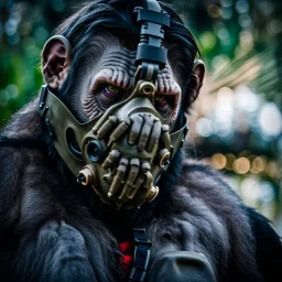 Cyborg, Ape, Primate, hominid, breathing device, gas mask, respirator Christopher Nolan, Dystopian, Extreme depth of field, bokeh blur, Alberta, all-natural, in the style of candid, Fuji Film, Anamorphic lens