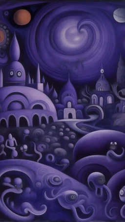 A dark purple celestial realm with aliens painted by Diego Rivera