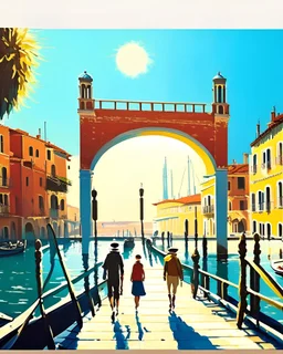 Arte retro de Venecia canal puente peatonal gente cielo soleado obra de arte 4k