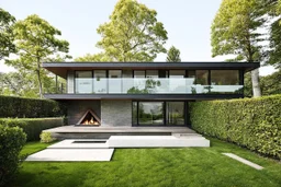 Modern house in the middle of lush vegetation. It is a mix of stone and glass, with a prominent fireplace to the left. Large windows and glass doors. It has several levels, with a balcony on the ground floor. The surrounding area is adorned with tall trees, bushes and manicured lawns. The general atmosphere is serene, in a quiet residential area, architecture, vibrant