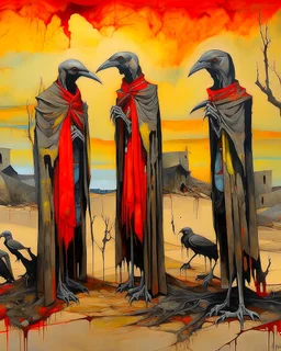 long-legged surreal lean black-grey figures with beak-shaped heads in overcoat, profile, semi-silhouettes among ramshackle ruins in a barren landscape of red, yellow, black and beige colors, intricate acrylic painting