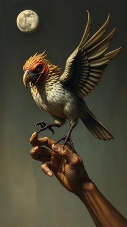 Bosch style painting , A 3D evil hand holding a scary bird