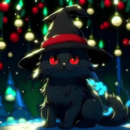 black cat in a Santa Claus hat, a Christmas tree in its paws, anime