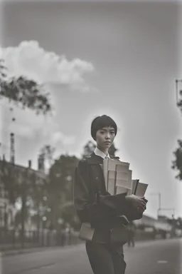 color photo of a student girl 22 years old ,short hair with her books in her hand walking in street,next to trees.