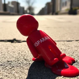 jouet en plastique rouge qui fond au soleil sur le bitume , avec le mot français "DISPARAITRE"