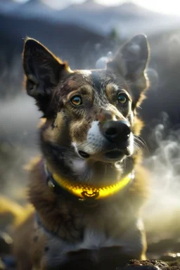 film grain for realism, portrait of super sonic top dog swimming in smoke rings at mountain top , lightening storm brewing,shot on Hasselblad h6d-400c, zeiss prime lens, bokeh like f/0.8, tilt-shift lens 8k, high detail, smooth render, down-light, unreal engine, prize winning