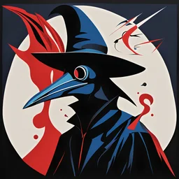 Surreal abstract composition by Ladislav Sutnar: sinister plague doctor dissociated; red, midnight_blue, white, and black color scheme, black background