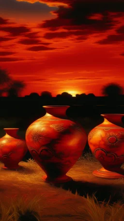 A red fiery sky with fireballs designed in African pottery painted by Giovanni Battista Sassi